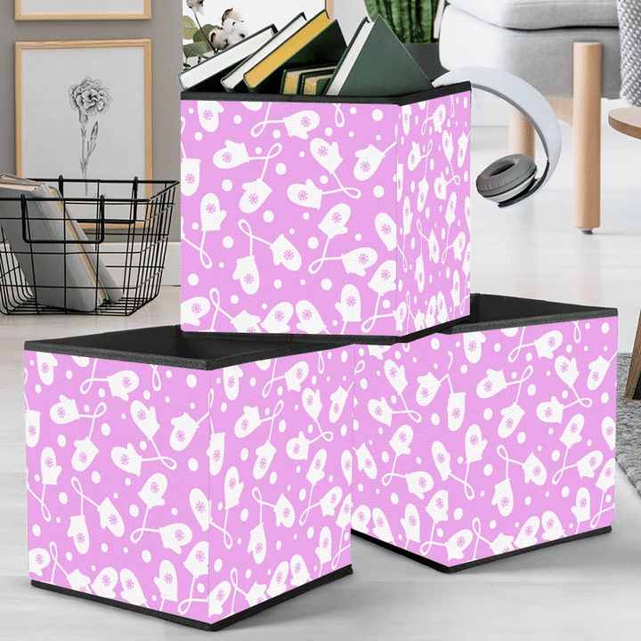 Cute White Mittens With Snowflakes On Bright Pink Background Storage Bin Storage Cube