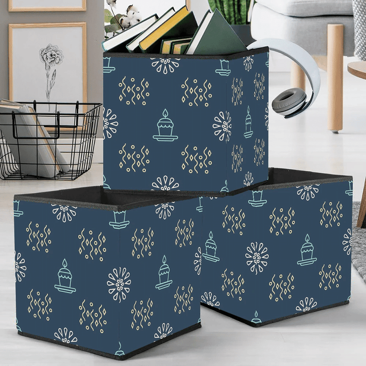 Christmas Firework Festive Confetti And Cake With Burning Candles On Storage Bin Storage Cube