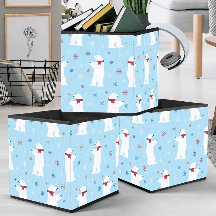 Merry Christmas With Bear Snowflakes On Blue Sky Storage Bin Storage Cube