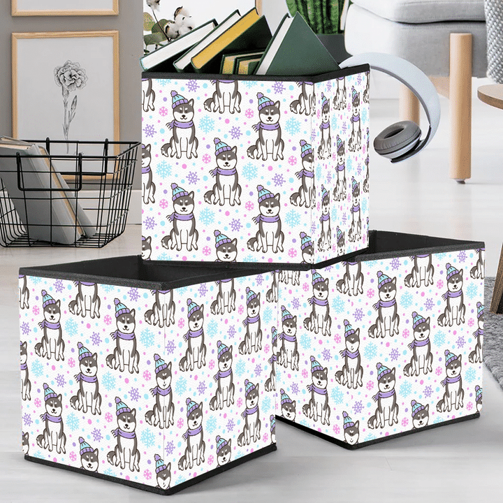 Christmas Husky Dog In Hat And Scarf With snowflakes Storage Bin Storage Cube