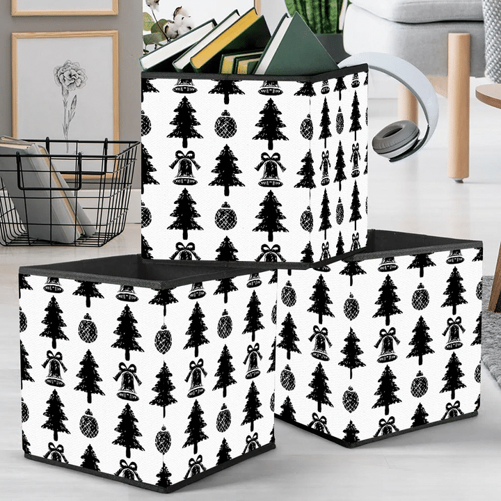 Black And White Painting Xmas Tree And Bell Storage Bin Storage Cube