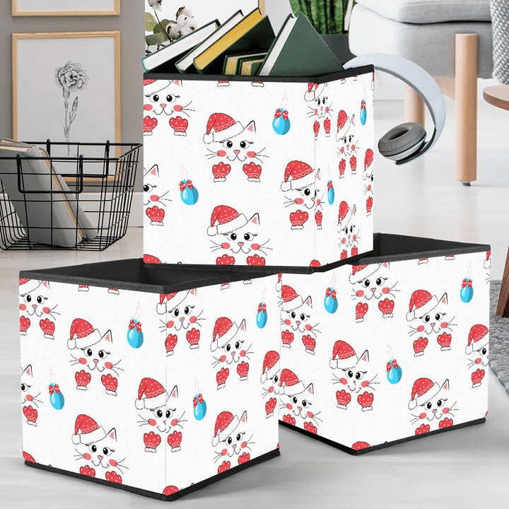 Christmas Cute Cat With Santa Hat And Mittens Storage Bin Storage Cube