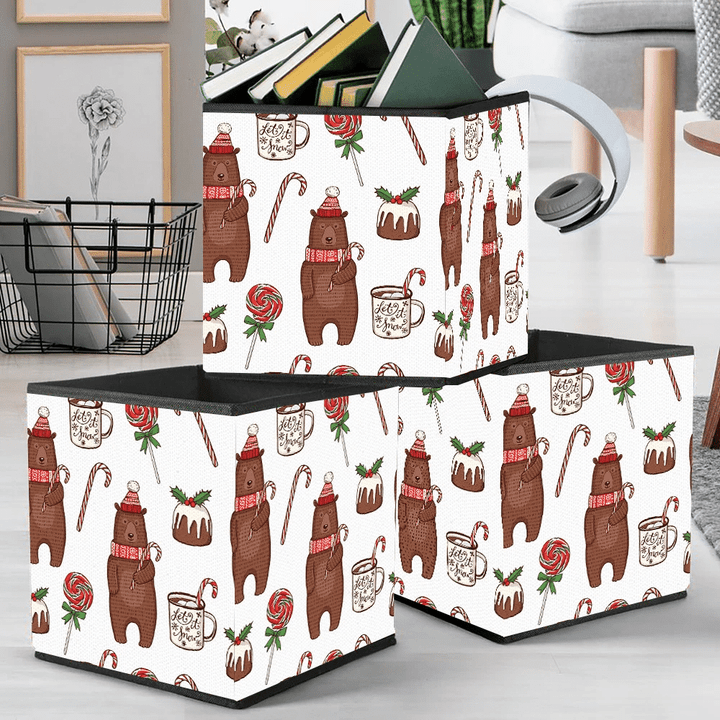 Christmas Funny Winter Bear In Knitted Hat And Scarf Storage Bin Storage Cube