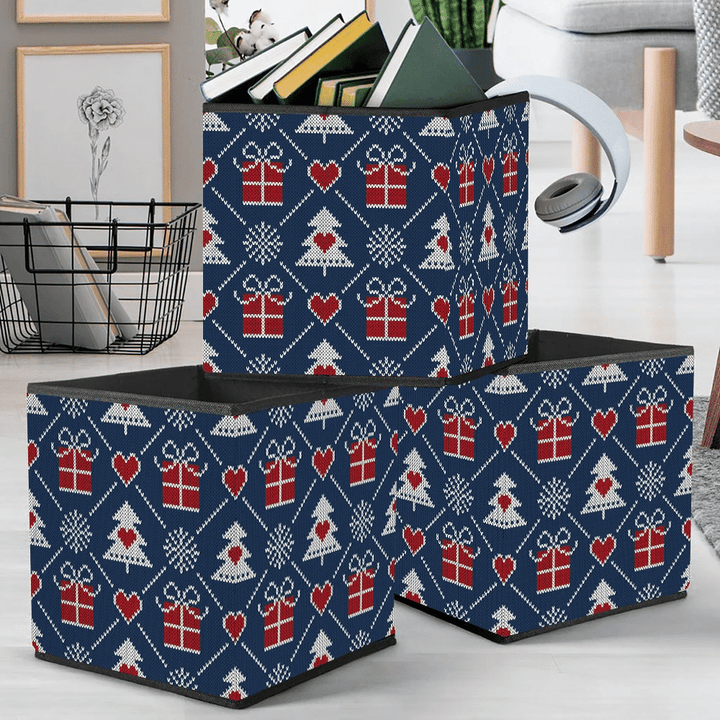Blue And Red Chrirstmas Trees Hearts Gifts Storage Bin Storage Cube