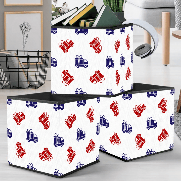 Blue And Red Delivery Truck And Gift Icons On White Background Storage Bin Storage Cube