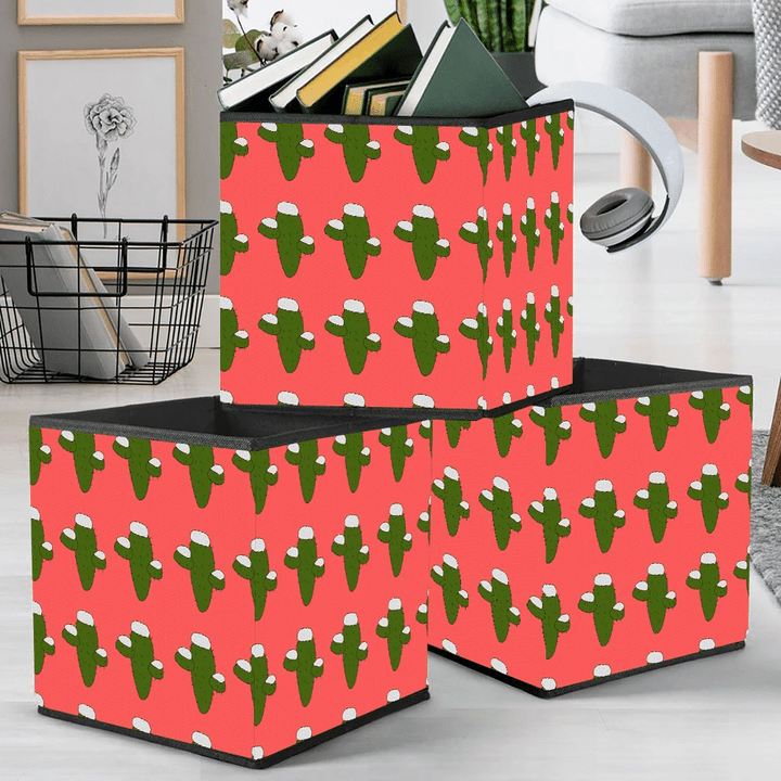 Christmas Green Cactus In Snow Winter Storage Bin Storage Cube