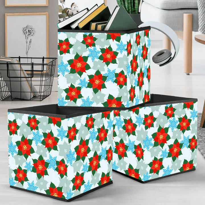 Beautiful Red Christmas Poinsettia And Blue Snowflakes Storage Bin Storage Cube