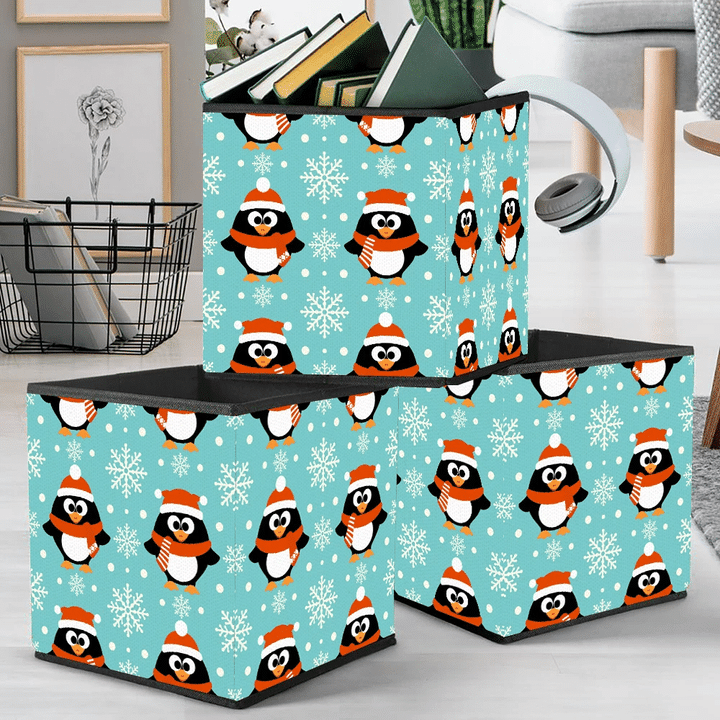 Christmas Winter Background With Funny Penguin Storage Bin Storage Cube