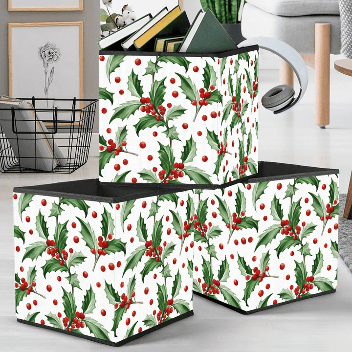 Large Holly Leaves And Red Berries On White Background Storage Bin Storage Cube