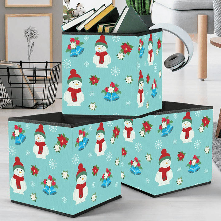 Chirstmas Snowman In Hat And Scarf With Bell Poinsettia Storage Bin Storage Cube
