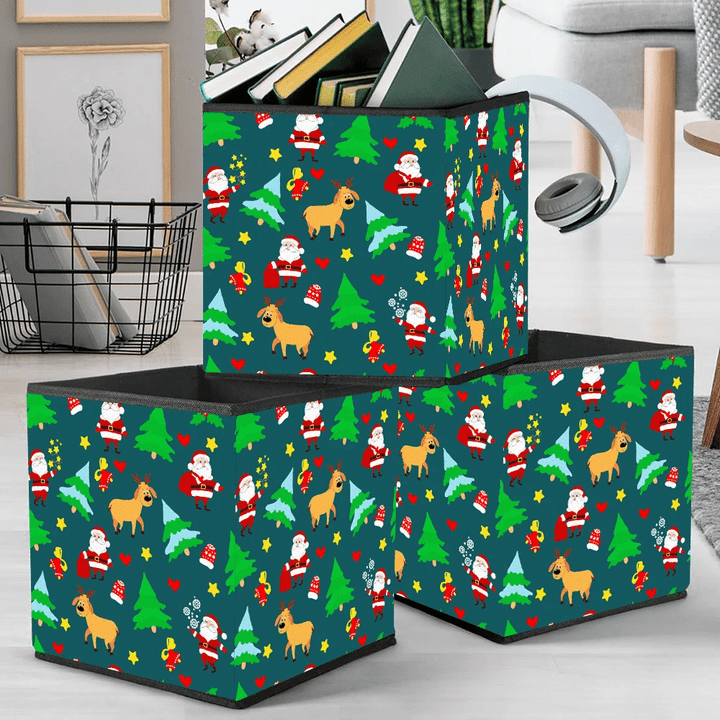 Christmas Trees Bells Santa Claus With Bag Gifts And Red Mittens Storage Bin Storage Cube