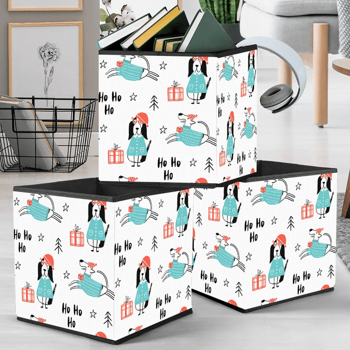 Ho Ho Ho Christmas With Dogs In Santa Hat Gift Box And Lettering Storage Bin Storage Cube