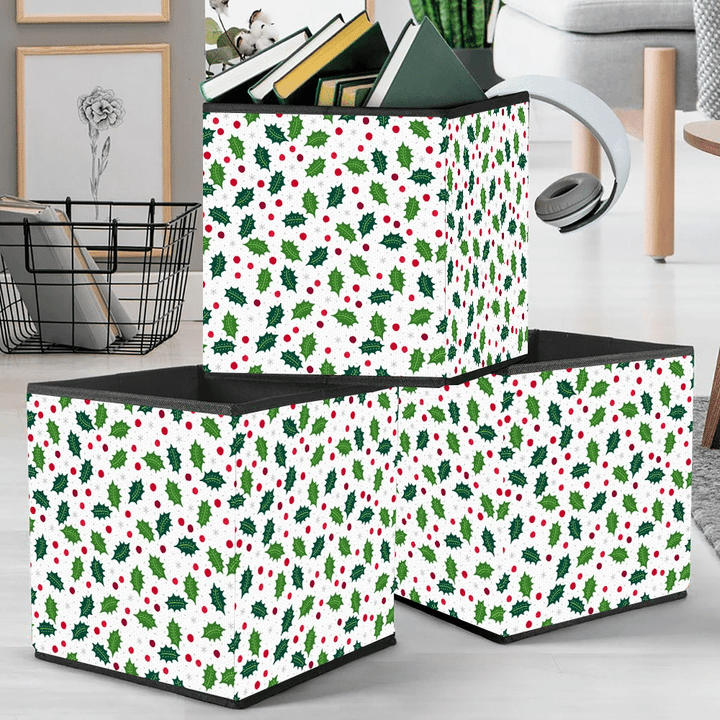 Awesome Green Holly Berry And Snowflake On White Background Storage Bin Storage Cube