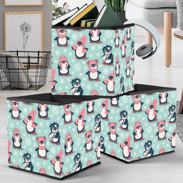 Christmas With Cute Penguins And Red Hat Storage Bin Storage Cube