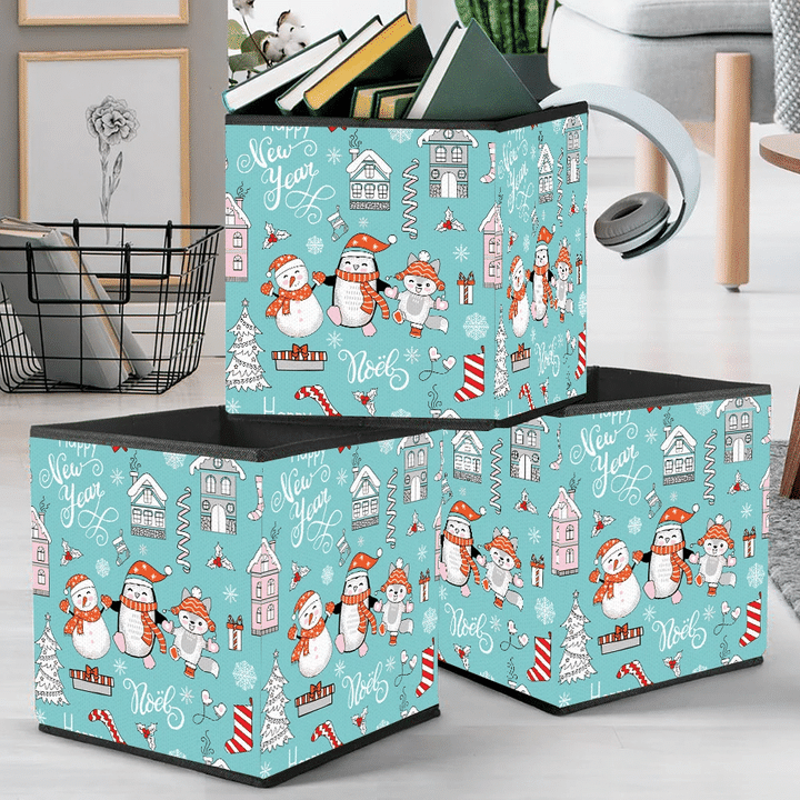Christmas Festive Funny Penguins On Turquoise Background Storage Bin Storage Cube