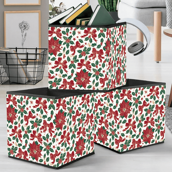 Chirstmas Holly Red Poinsettia Ribbon Berries And Stars Storage Bin Storage Cube