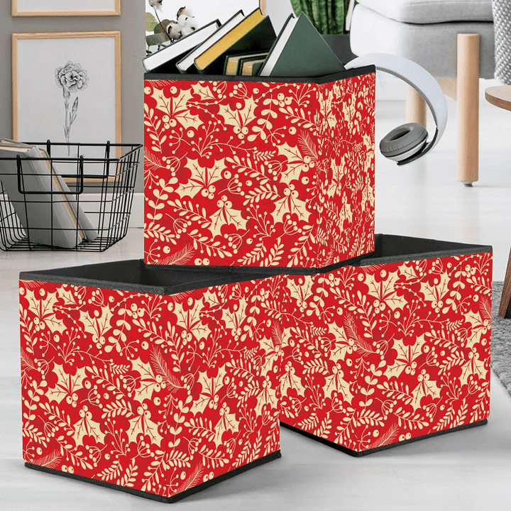 Christmas In Red Beige With Holly Leaves And Berries Storage Bin Storage Cube
