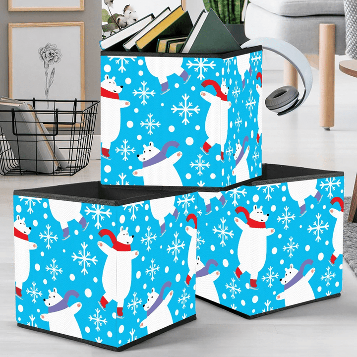 Theme Christmas Skating Polar Bears On Blue Storage Bin Storage Cube