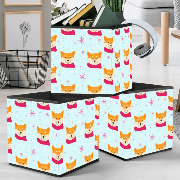 Winter With Cute Dog And Red Snowflakes Storage Bin Storage Cube