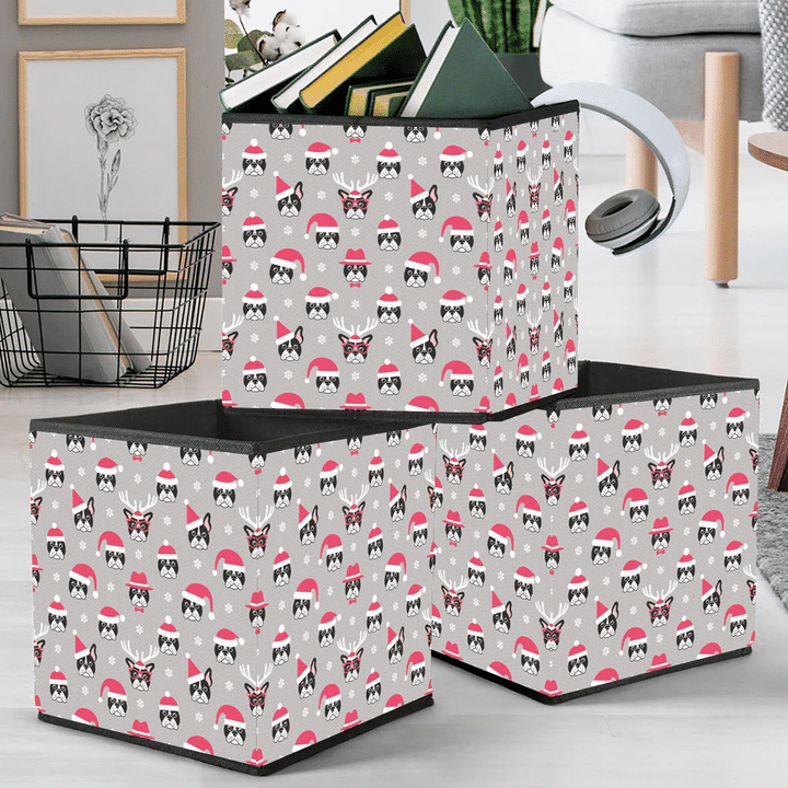 Christmas French Bulldogs With Santa Hats On Grey Storage Bin Storage Cube