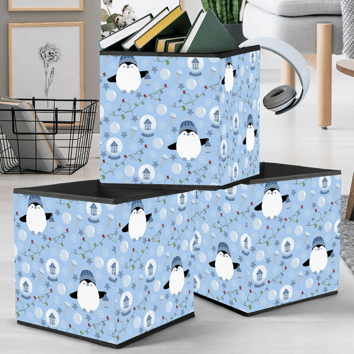 Christmas Cute White Penguin With Falling Snow Storage Bin Storage Cube