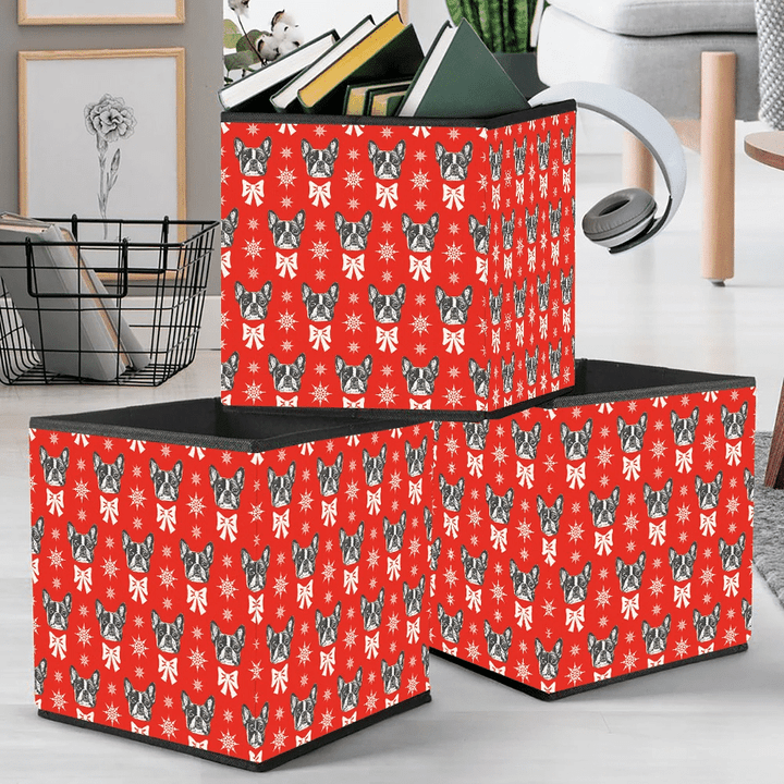 Bulldogs Snowflakes And Bows On A Red Background Storage Bin Storage Cube