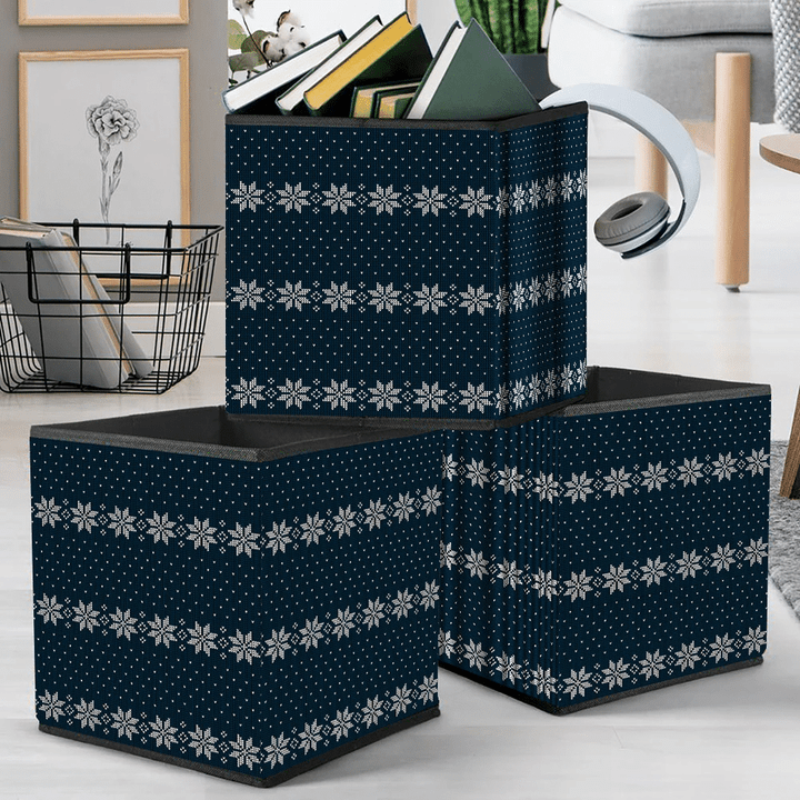 Dark Blue Background Knitted Tiny Heart With Snowflakes Storage Bin Storage Cube