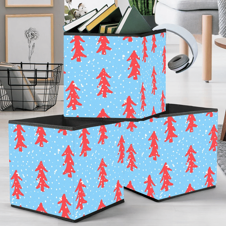 Red Christmas Trees On Snowballs On Blue Background Storage Bin Storage Cube