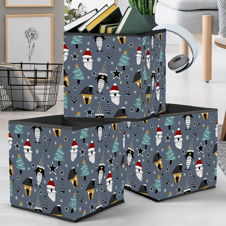 Christmas Cute Penguins Tree And Santa Claus Drawing Storage Bin Storage Cube