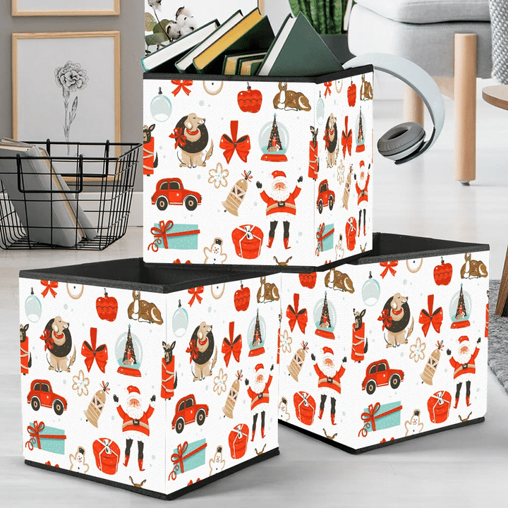 Cartoon Festive Xmas Santa Claus Dog And Cookies Storage Bin Storage Cube
