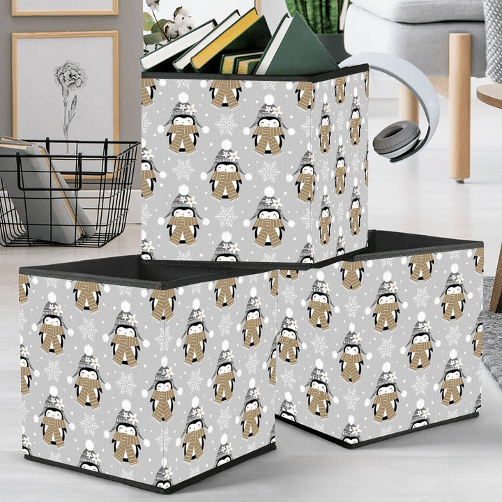 Christmas Winter Cute Penguin Girls And Snowflakes On Grey Storage Bin Storage Cube