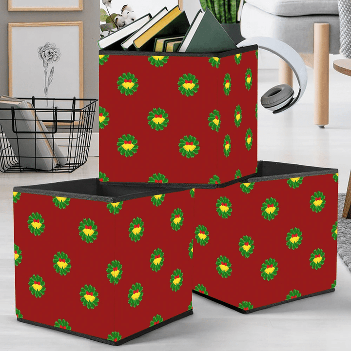 Illustrated Bells Holly Leaves On Red Background Storage Bin Storage Cube