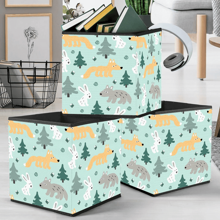 Christmas Trees And Wolf On A Light Background Storage Bin Storage Cube
