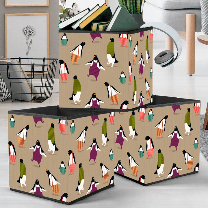 Christmas With Penguin Background In Stripe Cartoon Storage Bin Storage Cube