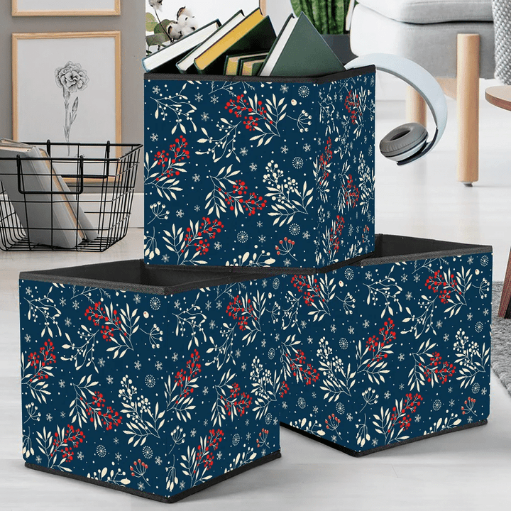 Attractive Holly Berries Branches With Snowflakes On Dark Blue Background Storage Bin Storage Cube