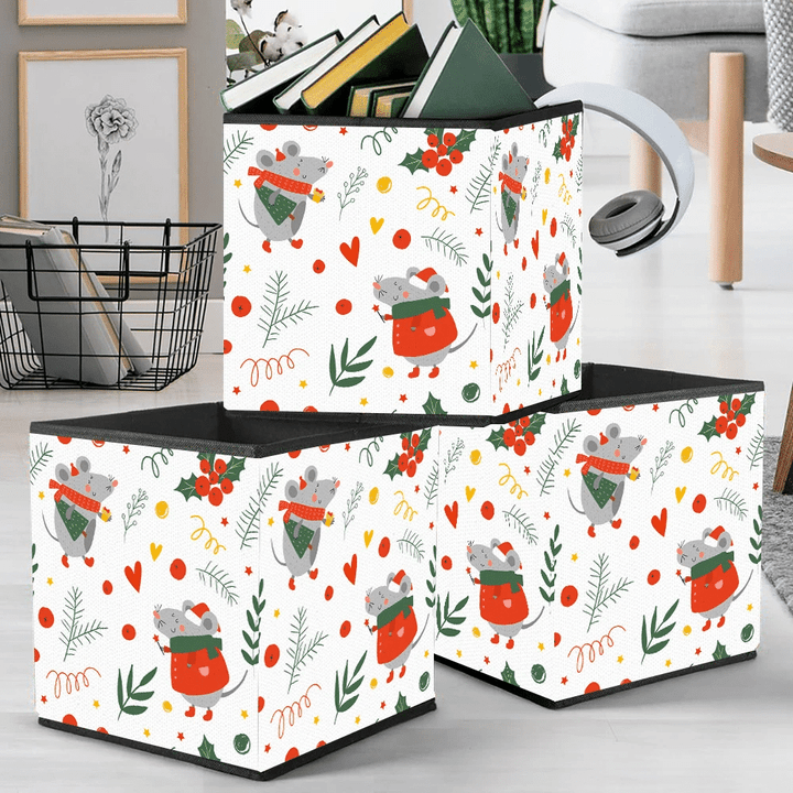 Cute Christmas Mouse With Scarf And Santa Hat Cartoon Design Storage Bin Storage Cube