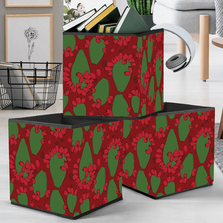 Christmas With Red Green Cactus On Red Background Storage Bin Storage Cube