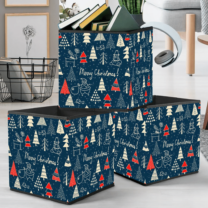 Hand Painted Christmas Forest With Santa Claus Reindeer And Snowflakes Storage Bin Storage Cube
