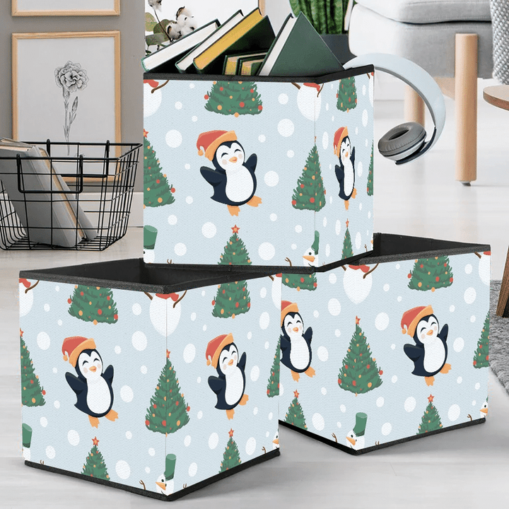 Theme Christmas Happiness Baby Penguins With Falling Snow Storage Bin Storage Cube