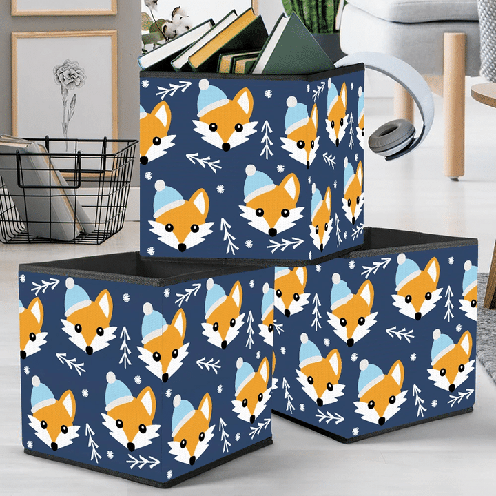 Cute Fox Christmas Winter Blue Background Storage Bin Storage Cube