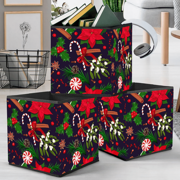Christmas Decoration With Red Poinsettia Fir Tree And Candy Cane Storage Bin Storage Cube