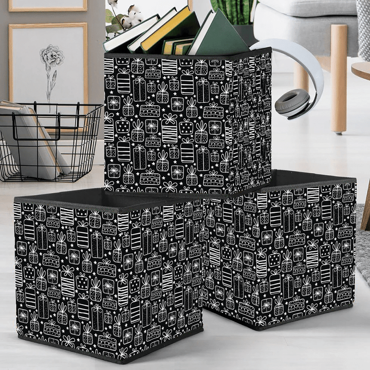 Doodle Hand Drawn Gift Boxes And Star On Black Background Storage Bin Storage Cube