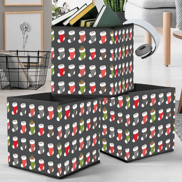 Colorful Christmas Sock On Gray Background Storage Bin Storage Cube