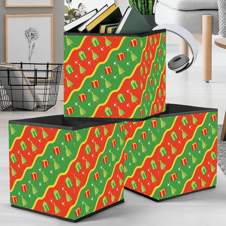 Yellow Wavy Line Pattern With Gifts And Trees Storage Bin Storage Cube