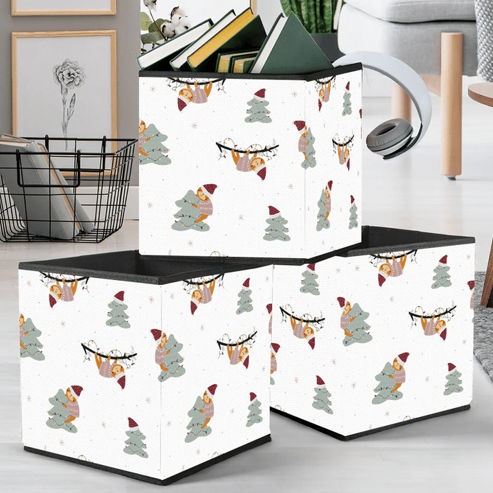 Merry Christmas Cute Sloth On Pine Tree Storage Bin Storage Cube