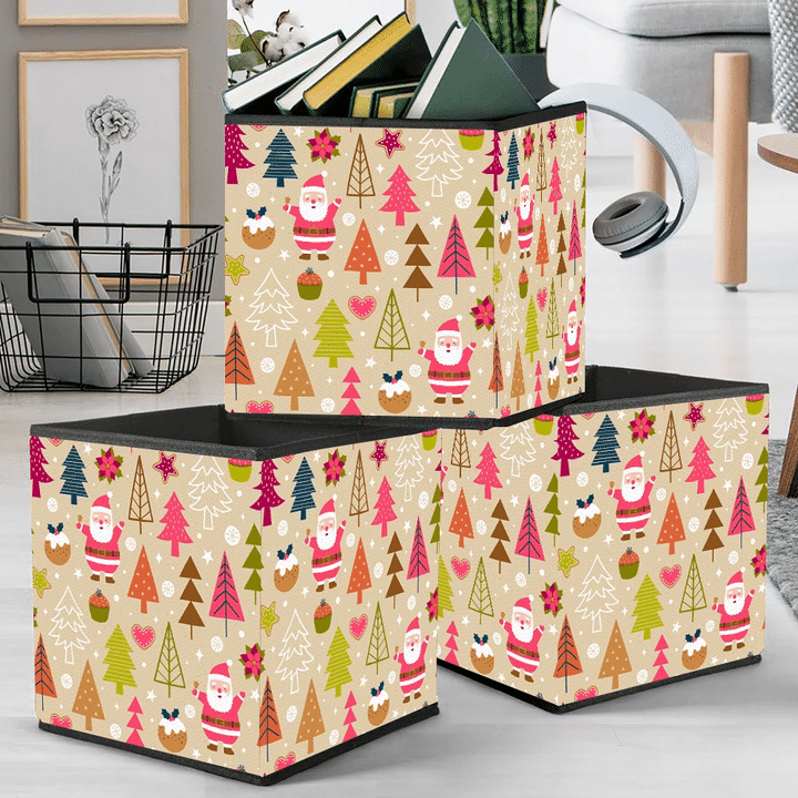 Cute Santa Claus Pine Tree And Christmas Elements Pattern Storage Bin Storage Cube