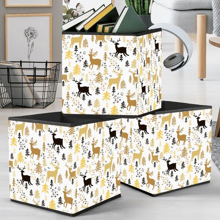 Attractive Winter Forest With Deer Trees And Snowflakes Storage Bin Storage Cube