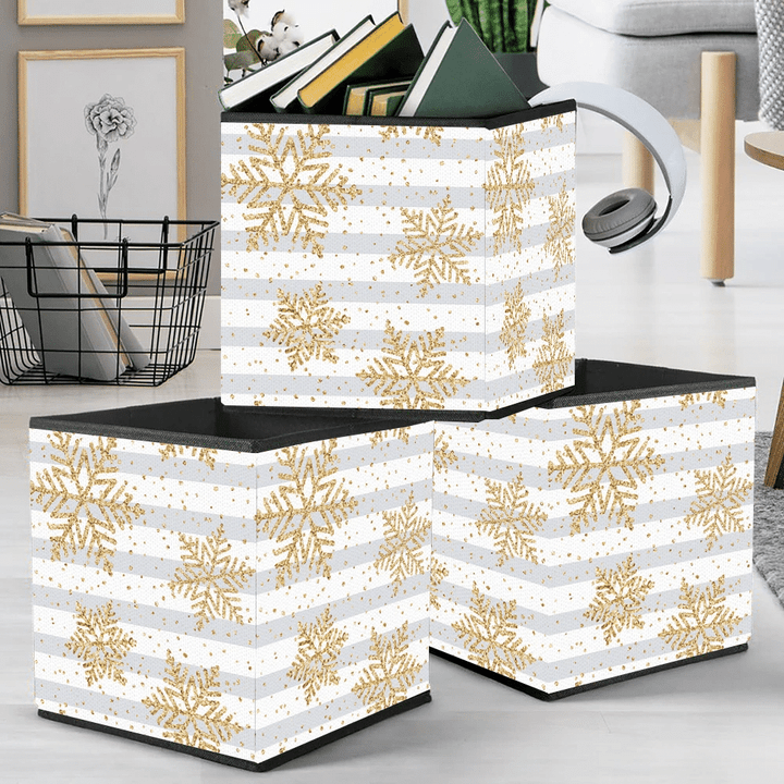 Abstract Gold Glitter Snowfalkes And Snow On Blue Striped Background Storage Bin Storage Cube