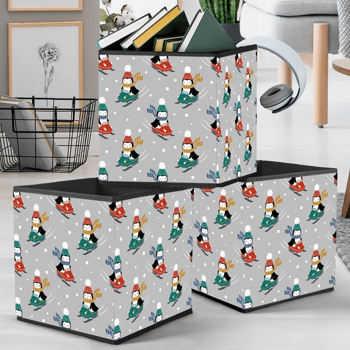 Christmas Winter Cute Penguins On Snowmobile Storage Bin Storage Cube