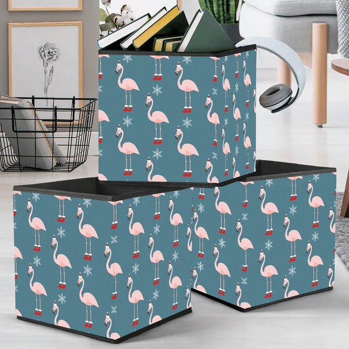 Kawaii Flamingos In Santa Costume With Snowflakes Ornate Storage Bin Storage Cube